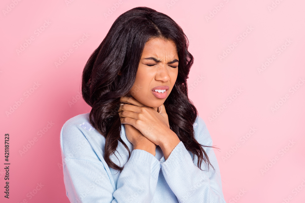 Profile photo of ill desperate lady arms throat closed eyes wear blue pullover isolated pink background Profile photo of ill desperate lady arms throat closed eyes wear blue pullover isolated pink background