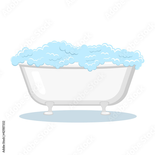 White claw foot bathtub with soap foam. Bathroom design element. Vector Isolated illustration.