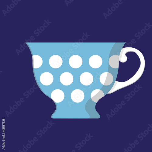Blue spotted porcelain cup. Classic teacup. Isolated flat vector illustration.