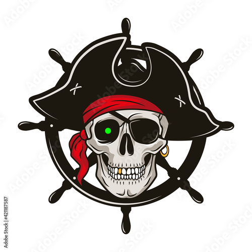 Pirate emblem with steering wheel and skull in a hat and eye patch. Vector hand drawn cartoon illustration isolated on white background