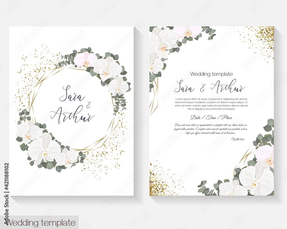 Floral design for wedding invitation. White orchids, eucalyptus, green plants and flowers. Gold polygonal frame, sparkles.