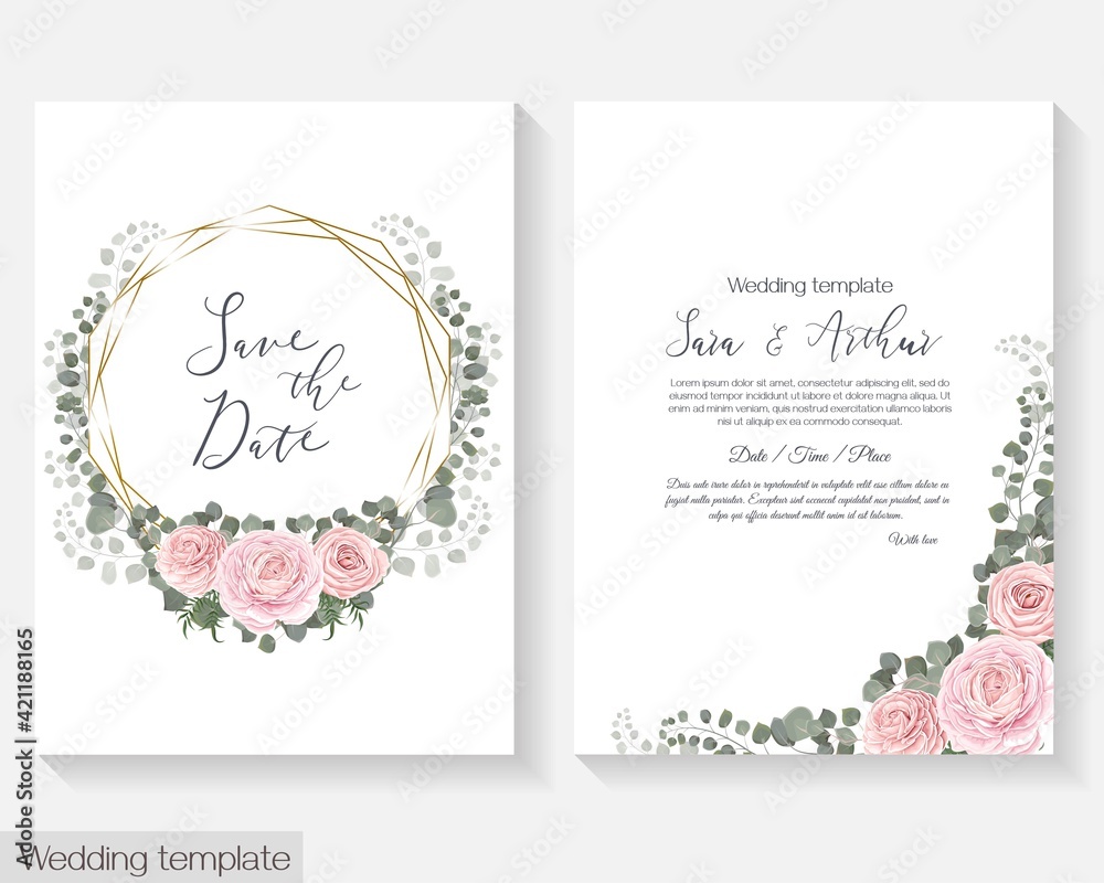 Floral design for wedding invitation. Gold round frame, pink roses, branches with leaves, eucalyptus, green leaves and plants.
