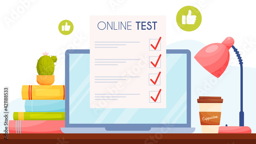 Online test with thumbs up icons. Workplace illustration. Vector illustration.