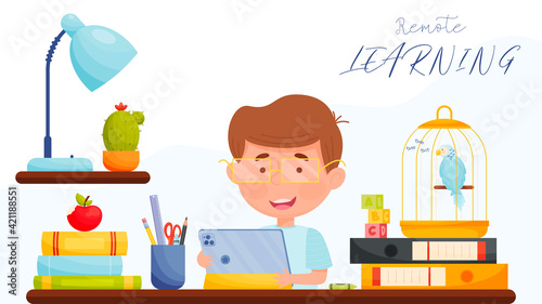 Boy with tablet sitting by the table. Online learning. Remote learning concept. vector illustration.