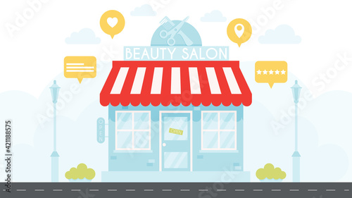 Beauty salon shop with like, review, map pin and rating bubbles. vector illustration