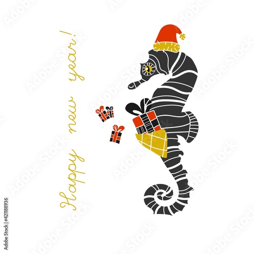 Sea life set with sea horse. Cartoon funny style. Vector illustration. New year, Christmas celebration, presents, gifts. Santa hat. 
