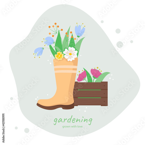 Rubber boot with flowers. Grown with love