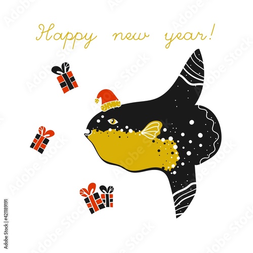 Sea life set with moon fish, mola mola. Cartoon funny style. Vector illustration. New year, Christmas celebration, presents, gifts. Santa hat. 