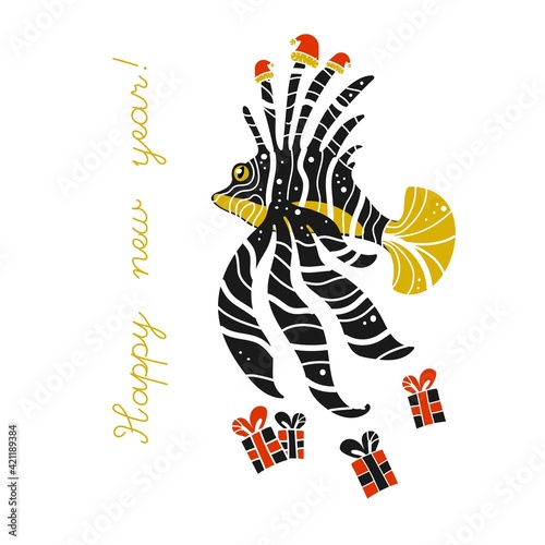 Sea life set with lion fish. Cartoon funny style. Vector illustration. New year, Christmas celebration, presents, gifts. Santa hat. 