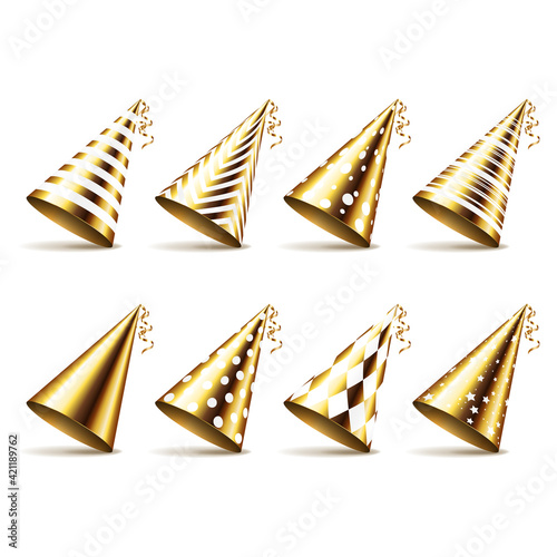 Gold party hats set collection with various patterns, isolated on white background.