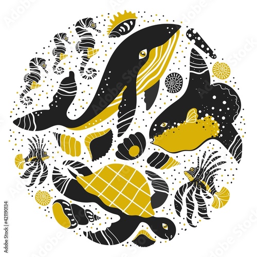 Sea life set with dolphins, turtle, tarsier, lion fish, moon fish, seahorse, while. Cartoon funny style. Vector illustration. New year, Christmas celebration, presents, gifts. Santa hat. 