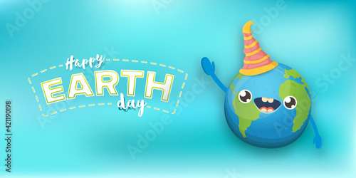 Cartoon earth day horizontal banner with cute smiling earth planet character with funny hat isolated on blue sky background. Eath day concept horizontal design template with funny kawaii earth globe