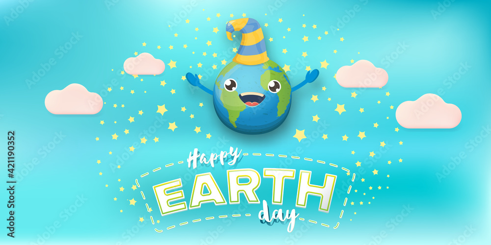 Cartoon earth day horizontal banner with cute smiling earth planet character with funny hat isolated on blue sky background. Eath day concept horizontal design template with funny kawaii earth globe Cartoon earth day horizontal banner with cute smiling earth planet character with funny hat isolated on blue sky background. Eath day concept horizontal design template with funny kawaii earth globe