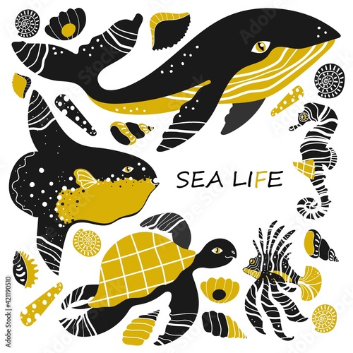 Sea life set with dolphins, turtle, tarsier, lion fish, moon fish, seahorse, while. Cartoon funny style. Vector illustration. New year, Christmas celebration, presents, gifts. Santa hat. 