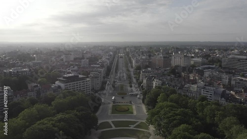 D-Log. Brussels, Belgium. Park of the Fiftieth Anniversary. Park Senkantoner. The Arc de Triomphe of Brussels (Brussels Gate), Aerial View, Departure of the camera photo