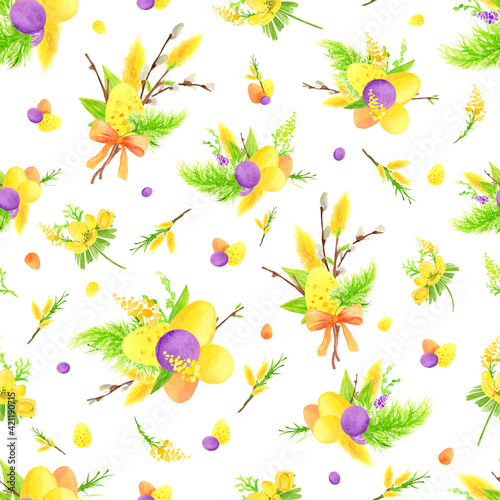 Seamless Easter Spring Watercolor Pattern. Willow branches  Eggs  plants  leaves. Design Elements.