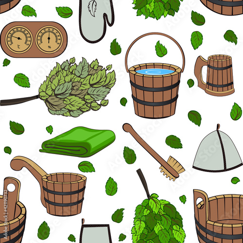 Bath accessories pattern. Broom, hat, towel, basin, bucket, brush, thermometer, hygrometer, ladle, bath mug. Vector illustration