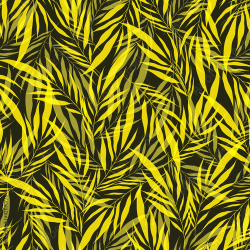 Minimalistic yellow transparent leaves palm tree on green backdrop. Vintage exotic collage tropical plants seamless pattern. Contemporary vector decoration art. Tropic chaos illustration.