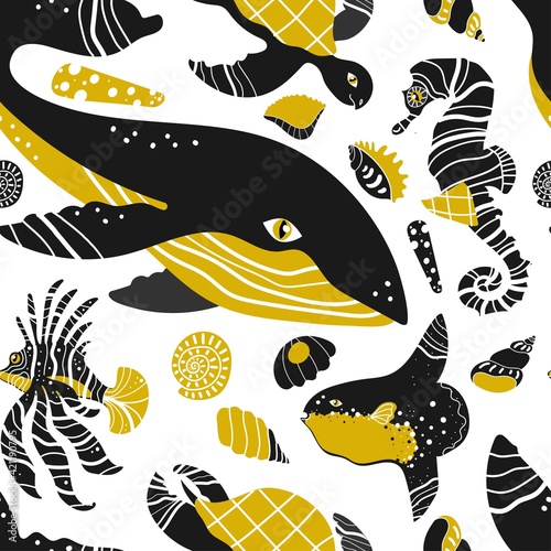 Sea life pattern with dolphins, turtle, tarsier, lion fish, moon fish, seahorse, while. Cartoon funny style. Vector illustration. New year, Christmas celebration, presents, gifts. Santa hat. 