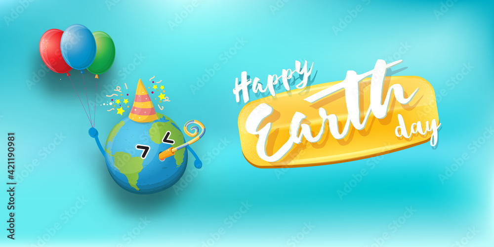 Naklejka premium Cartoon earth day horizontal banner with cute smiling earth planet character with funny hat isolated on blue sky background. Eath day concept horizontal design template with funny kawaii earth globe