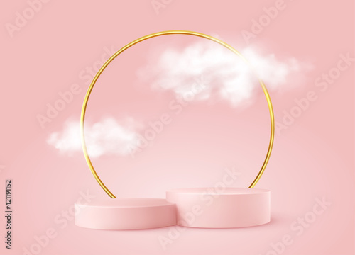 Realistic Pink product podium with golden round arch and clouds. Product podium scene design to showcase your product. Realistic 3d vector illustration