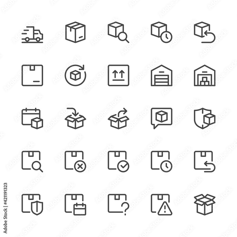 Simple Interface Icons Related to Delivery. Logistics, Shipping, Package Protection, Return, Express Delivery. Editable Stroke. 32x32 Pixel Perfect.