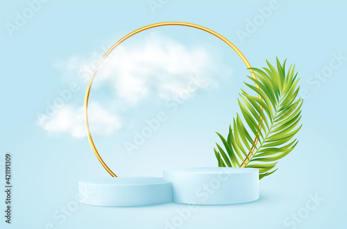 Realistic Blue product podium with golden round arch, plm leaf and clouds. Product podium scene design to showcase your product. Realistic 3d vector illustration