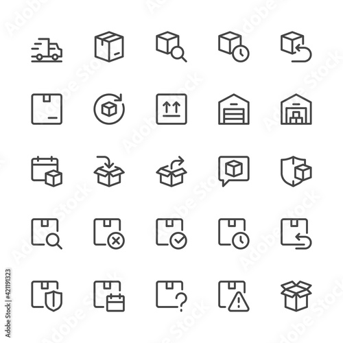 Simple Interface Icons Related to Delivery. Logistics, Shipping, Package Protection, Return, Express Delivery. Editable Stroke. 32x32 Pixel Perfect.