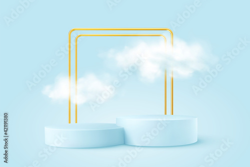 Realistic Blue product podium with golden round arch and clouds. Product podium scene design to showcase your product. Realistic 3d vector illustration