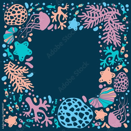 Underwater world in vector illustrations. Poster, print, card design. Template, diving center merchandising.  Jolly, coral, Seastar, seaweed.