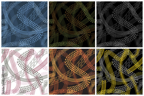 Vector collection of seamless camouflage textures with various prints of car wheels