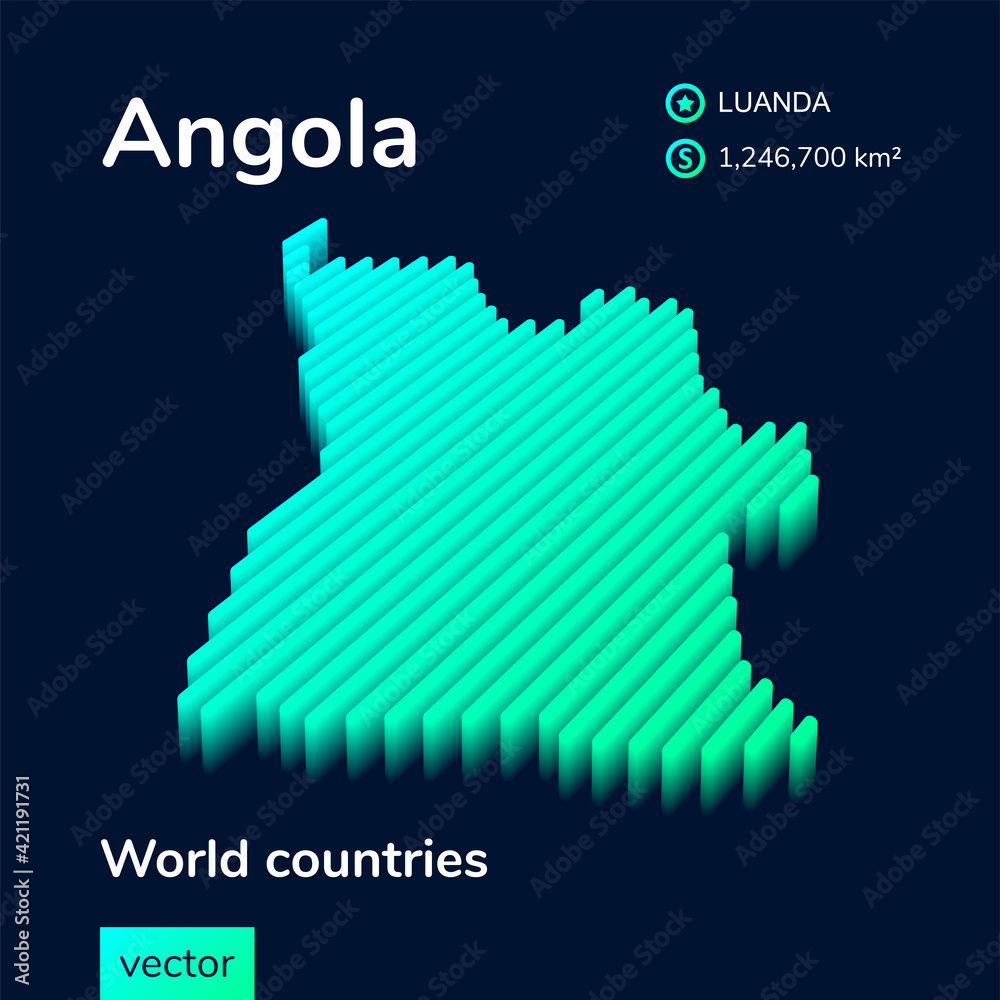 Stylized neon digital isometric striped vector Angola map with 3d effect. Map of Angola is in green  and mint colors on the dark blue background