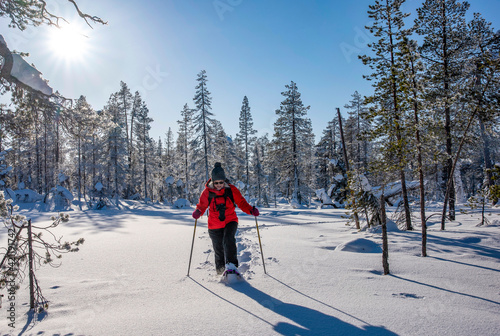 Obraz na plátně Woman snowshoeing in winter forest in Lapland Finland