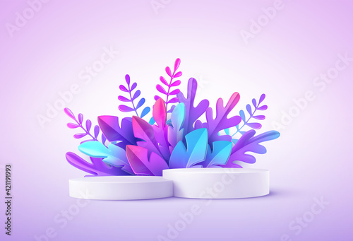 Realistic product podium with fantastic tropical leaves. Product podium scene design to showcase your product. Realistic 3d vector illustration