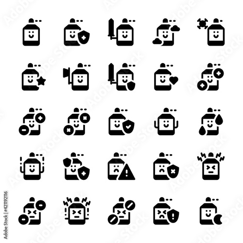 Set of spray, hand sanitizer cute character glyph style icon and illustration
