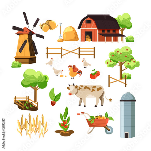 Vector cartoon style farmers set. Red barn, animals, fruit trees, sheaf, cart, mill. Isolated on white background