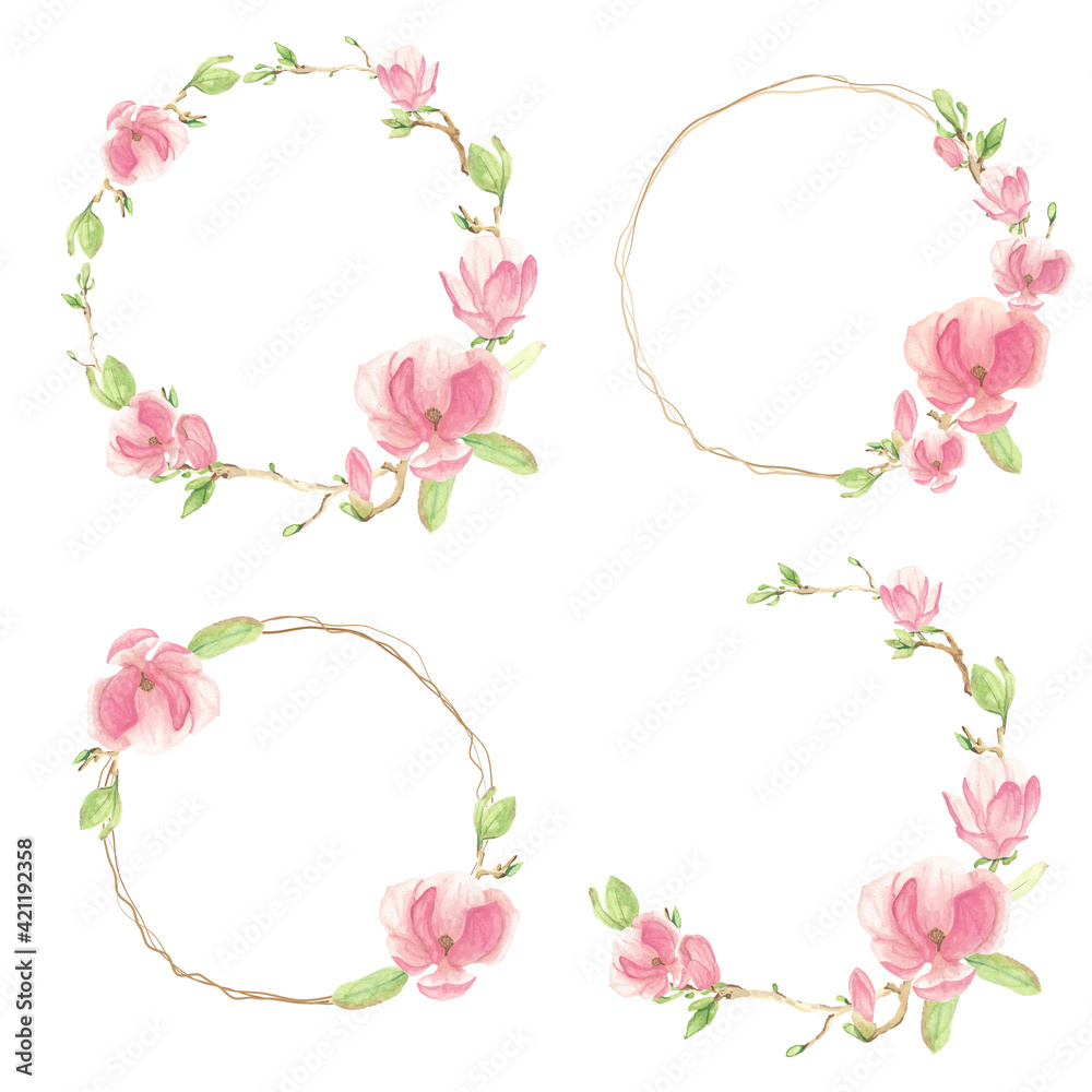 watercolor pink blooming magnolia flower and branch wreath frame collection
