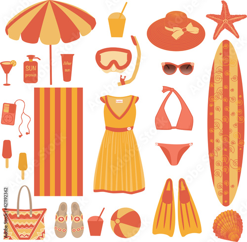 vector set of beach accessories in yellow and orange