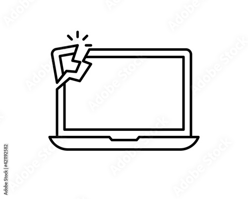 Broken laptop vector illustration isolated on white color background, crashed computer flat cartoon style.