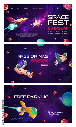 Space dj fest banners with astronaut and spaceship