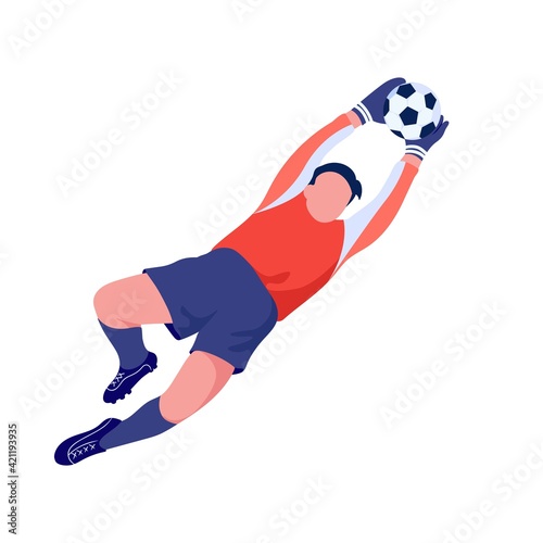 Goalkeeper soccer. Football sport player catches a ball. Vector