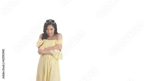 Slide show of cute girl in various emotion with letters surprise and big sale on white background.