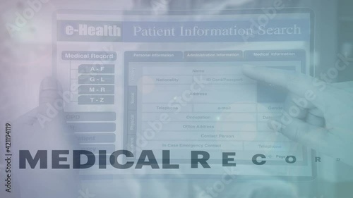 Animation of text 'medical record' on electronic medical record technology background.