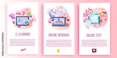 Online webinar, e-learning, internet test education social media template set, laptop, computer. Distance study, digital remote classes, video tutorials concept collection. Online webinar app design