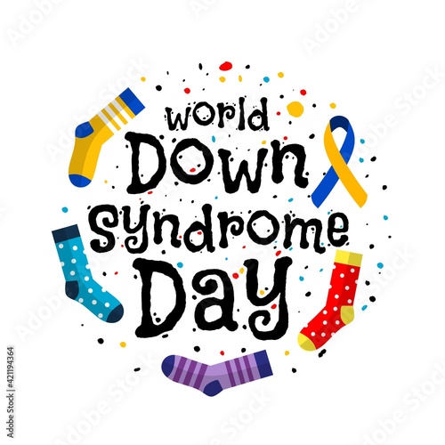 World Down Syndrome Day, with blue and yellow ribbons and colorful socks, as a poster, banner or template, vector illustration.