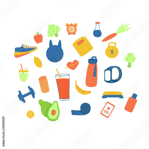 Healthy lifestyle. Fitness icons. Body care. Sports Equipment.