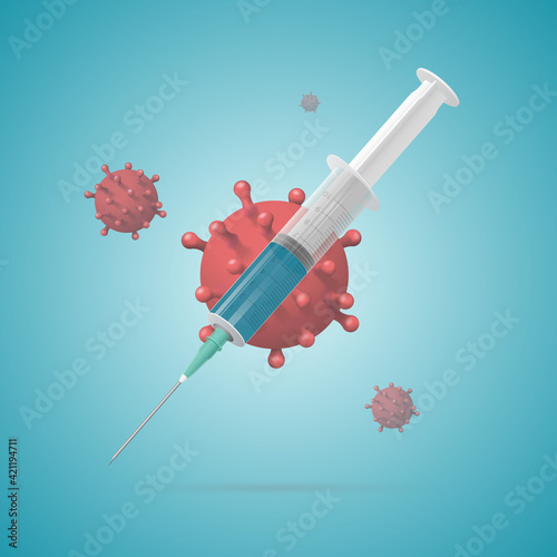 Syringe with medicine on the background of viruses. Coronavirus vaccine. Vector illustration.