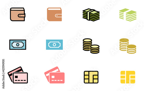 財布,紙幣,硬貨,クレジットカード,ICカード,電子マネー等のカラフルでポップなアイコンセット