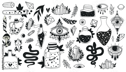 Witchcraft set. Magic esoteric symbols collection. Black isolated icons on white background. Evil eye, crystal, snake, bottles with potion. Halloween Concept. Vector illustration. 