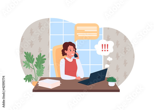 Work phone call 2D vector web banner, poster. Project on deadline. Corporate communication. Office manager flat character on cartoon background. Businesswoman printable patch, colorful web element